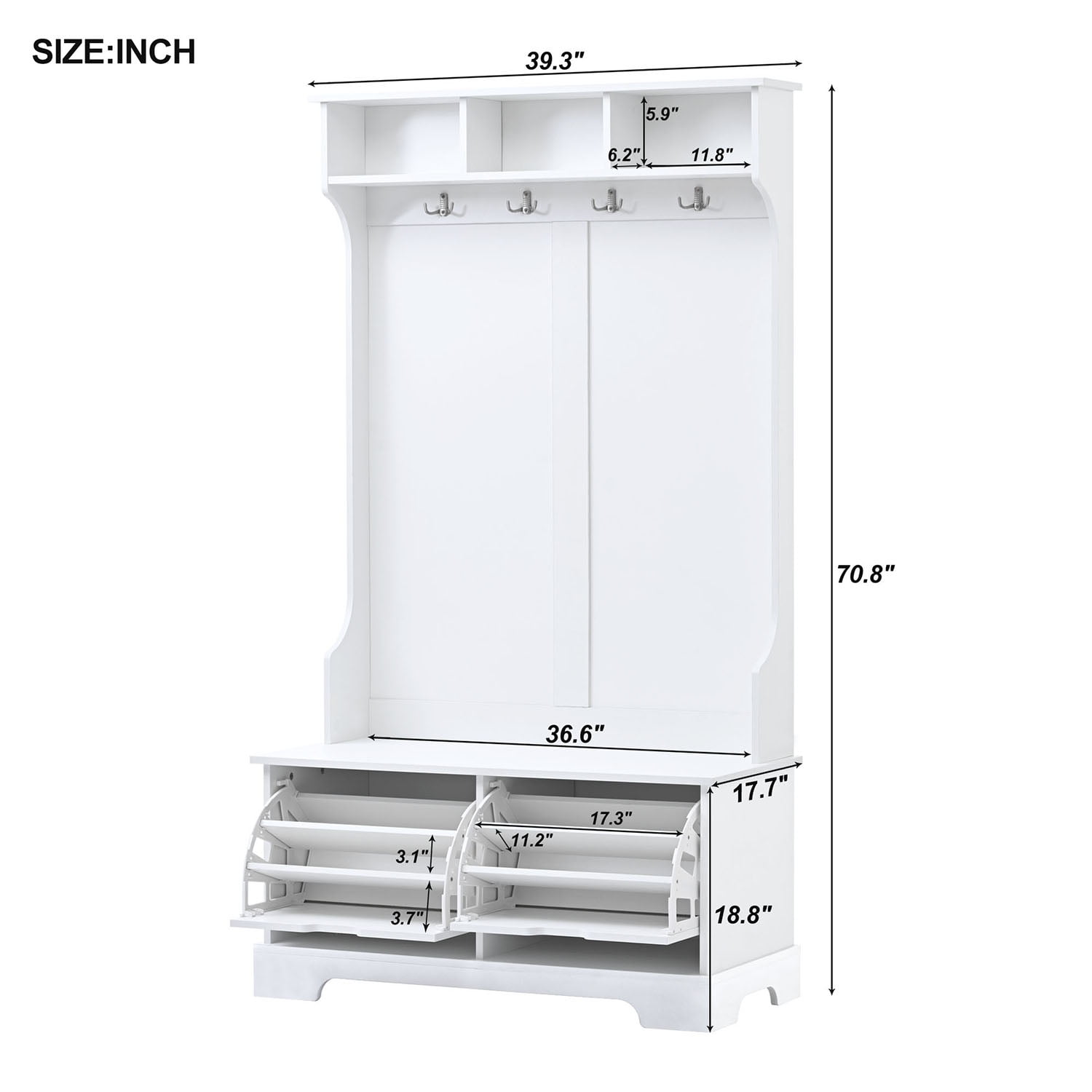 Kadyn All in One Hall Tree, Wide Hall Tree with 3 Top Shelves and 2 Flip Shoe Storage Drawers, Mudroom Hall Tree with Storage Bench and Metal Hanging Hooks, White