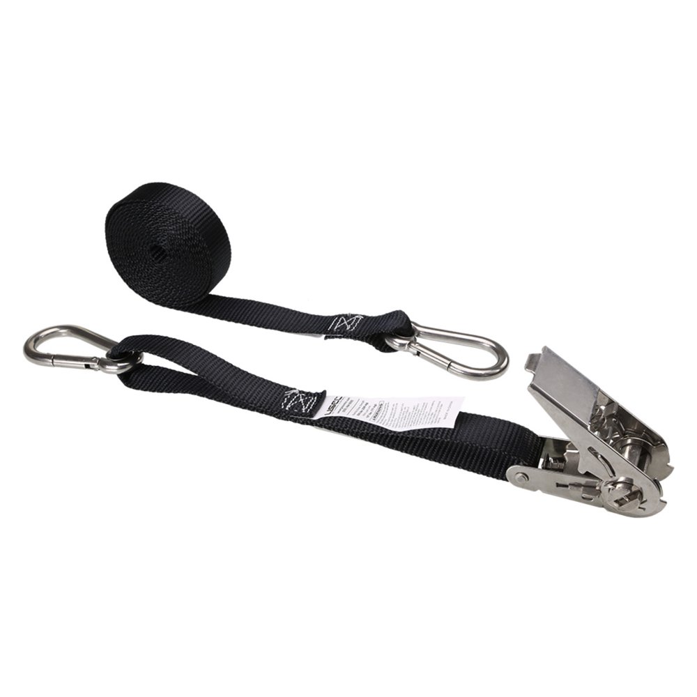 1" x 10' Black Stainless Steel Thumb Ratchet Strap w/ Carabiner Clip