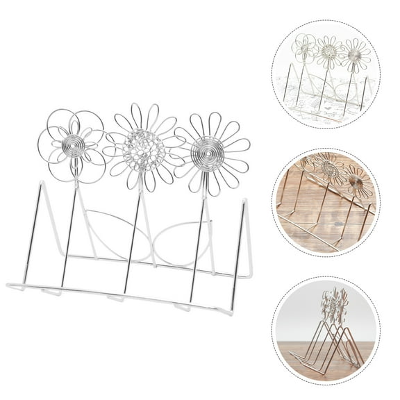 OUNONA Vertical Flower Stainless Steel Business Card Holder And Phone Stand Desktop Organizer For Office Holds Cards Phones Notebooks And More