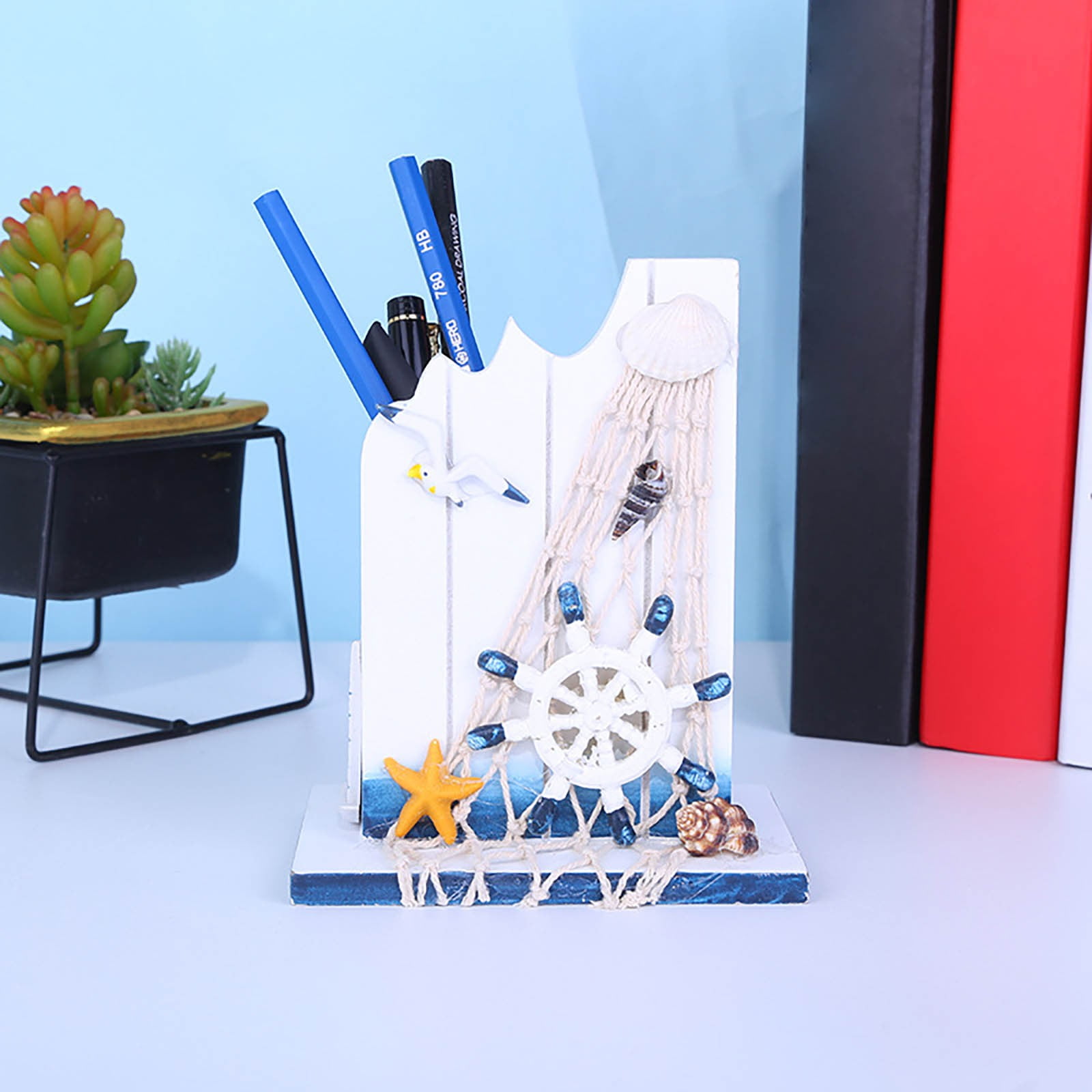 Yannianjz Vintage Pen Container, Wooden Desk Storage Box for Office Study, Seastyle Decorative Pen Holder, Home Office Organizer for Pens Pencils, Nautical Style Desk Accessory