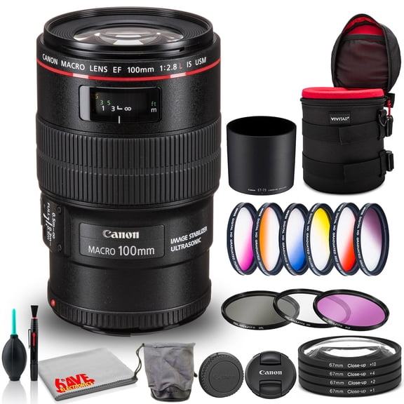 Canon EF 100mm f/2.8L Macro IS USM Lens Bundle with Cleaning Kit, Filter Kits, and Padded Lens Case (International Version)