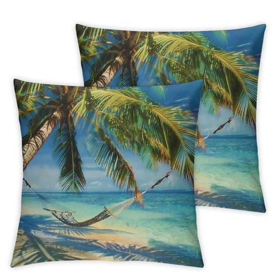nygtbtfer  Landscape Throw Pillow Cushion Case Pack of 2, Tropic Botanic Sandy Beach Island with Coconut Palm Trees Seaside Print, Modern Accent Double-Sided Digital Printing, Aqua Blue Green White