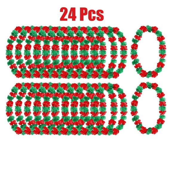 24 Christmas Leis in July Green Red White 2 Styles Flower Leis Bulk Tropical Hawaiian Flower Necklaces Christmas Theme Luau Dance Decoration Beach Pool Party Favor Supplies