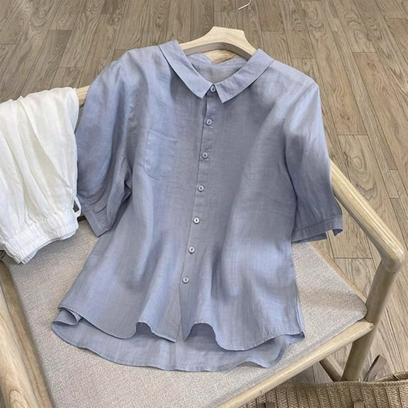 Blue Womens Blouses 3/4 Sleeve Linen Shirts for Women 2025 Cotton Summer Boho Tops Casual Trendy Vacation Blouse Ladies Tops and Blouses