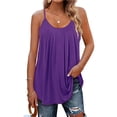 thumbnail image 3 of Huowey Summer Casual Tank Top For Women Spaghetti Strap Solid Color Pleated Ruffle Crewneck Loose Fit Comfort Oversized Lightweight Breathable Flowy Dressy Cami Blouse,Purple,XXXXXXXL, 3 of 4