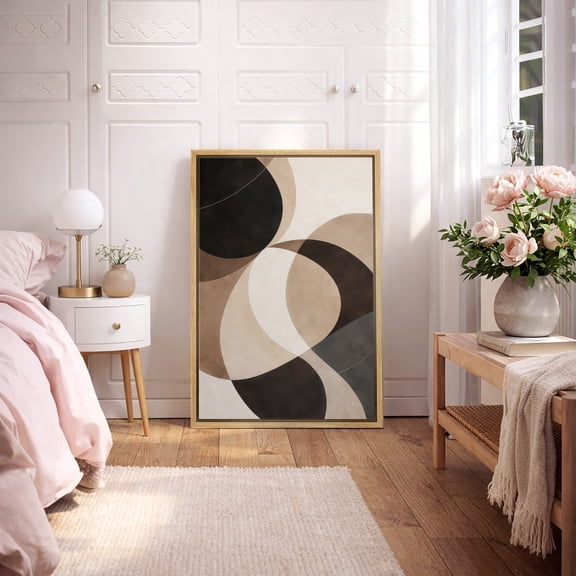 Framed Canvas Print Wall Art Neutral Overlapping Circles Print Minimalist Abstract Artwork For Living Room Decor - 16"x24" NATURAL