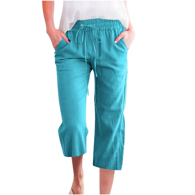 Plebaso Womens Elastic Waist Capris Pants Solid Color Straight Wide Leg Trousers With Pockets Ladies Casual Trousers