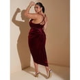 thumbnail image 2 of Burgundy Velvet Draped High Slit Ruffle Hem Evening Dress For Women, 2 of 8