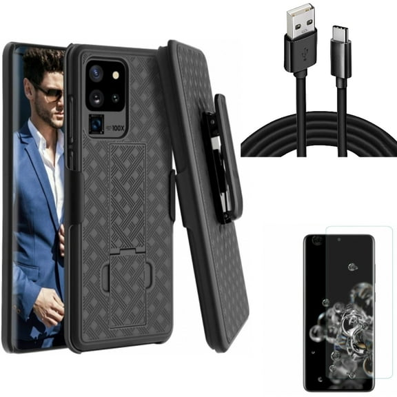 10ft USB Cable w Screen Protector w Case Belt Clip for Samsung Galaxy S20 Ultra - Type-C Charger Cord Power, Tempered Glass [Fingerprint Unlock] 3D Curved Edge, Holster Swivel fits Galaxy S20 Ultra