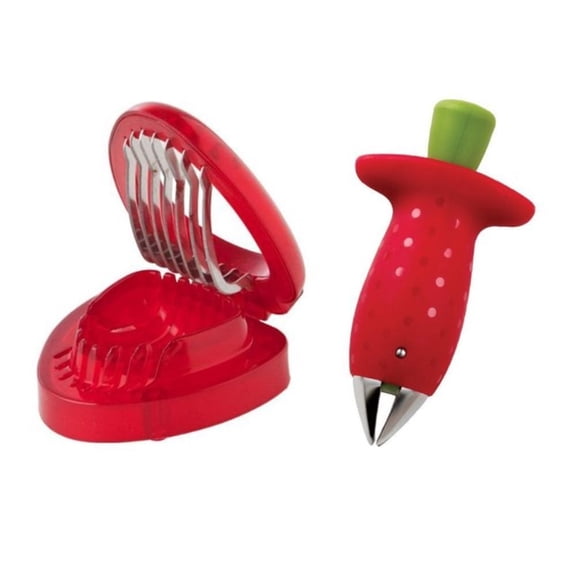 2 Pack Strawberry Slicer and Huller Set, Stainless Steel Strawberry Corer, Leaf and Stem Remover, Kitchen Fruit Gadget, Red, Dishwasher Safe