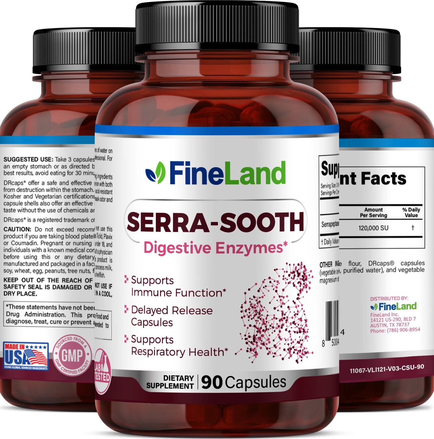 Fineland Vitamins SERRA-SOOTH Serrapeptase Digestive Enzymes, Respiration & Immune Support 90 Capsules