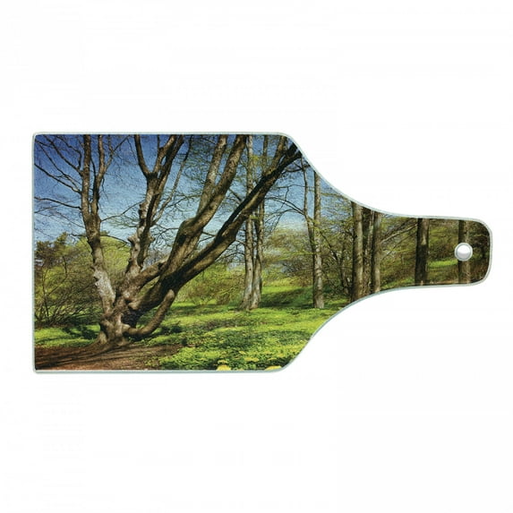 Nature Cutting Board, Spring Forest Flower Field and Trees Dreamy Eco in Sunny Open Sky Landscape, Tempered Glass Cutting and Serving Board, Wine Bottle Shape, Yellow Blue Brown, by Ambesonne