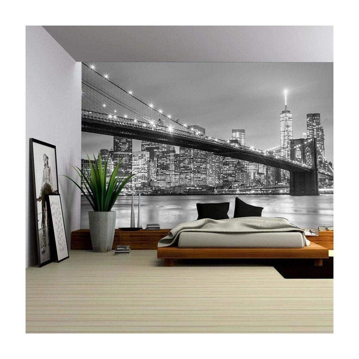 Wall26 Brooklyn Bridge and New York City Manhattan Downtown Skyline at Dusk  with Skyscrapers - Removable Wall Mural,Self-Adhesive Large Wallpaper -  100x144 inches 