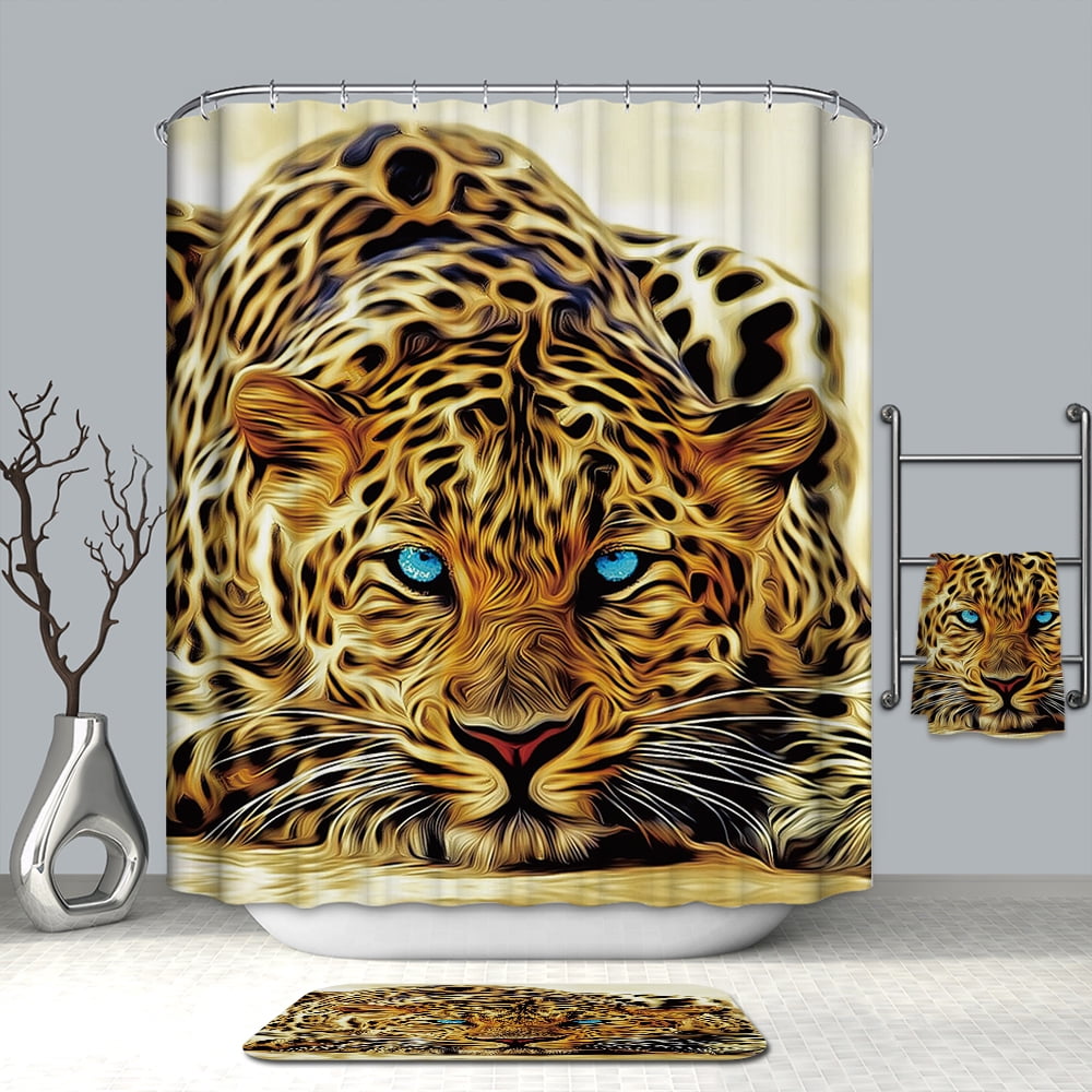 Leopard Fabric Shower Curtain with 12 Hooks Panthera Pardus Blue Eyes
