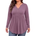 thumbnail image 2 of WellSize Plus Size Blouses for Women V Neck Curved Hems Tunic Tops Casual Long Sleeve Botton Fall Shirts, 2 of 7