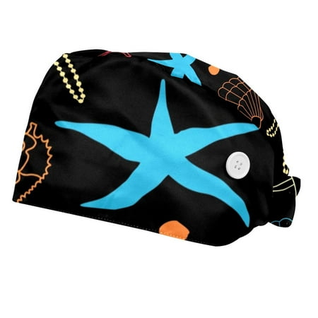 

2PCS Working Cap with Buttons and Sweatband Adjustable Tie Back Hats Bouffant Caps Starfish Scrub Turban Hat