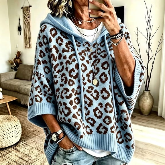 Womens 3/4 Sleeve Hoodies Trendy Leopard Pattern Oversized Hooded Sweatshirt Casual Fall Travel Outfit Pullover Tops