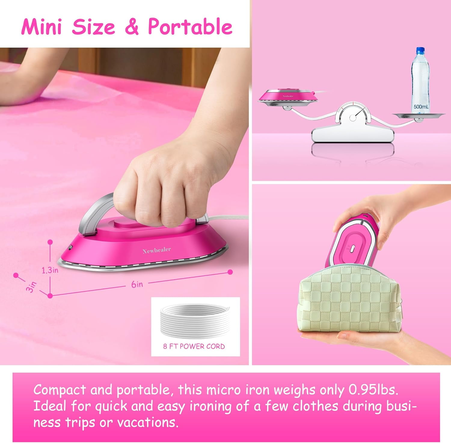 Newbealer Travel Iron for Clothes,100V-240V Portable Mini Ironing Machine with Non-Stick Soleplate,0.8lb Ultra-Lightweight,302°F Small Iron for Sewing,Quilting and Handcraft