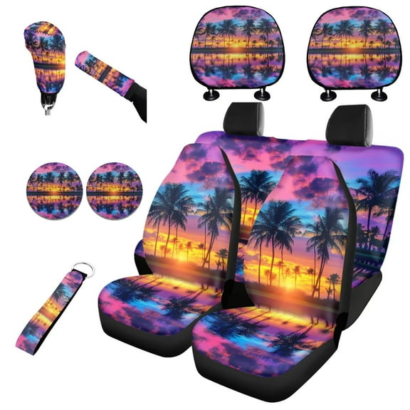 Garronmavis Sunset Palm Tree Universal Car Seat Covers Full Set Breathable with Auto Headrest Cover Handbrake Gear Shift Knob Cover Auto Cup Coaster Wristlet Keychain for Four Season