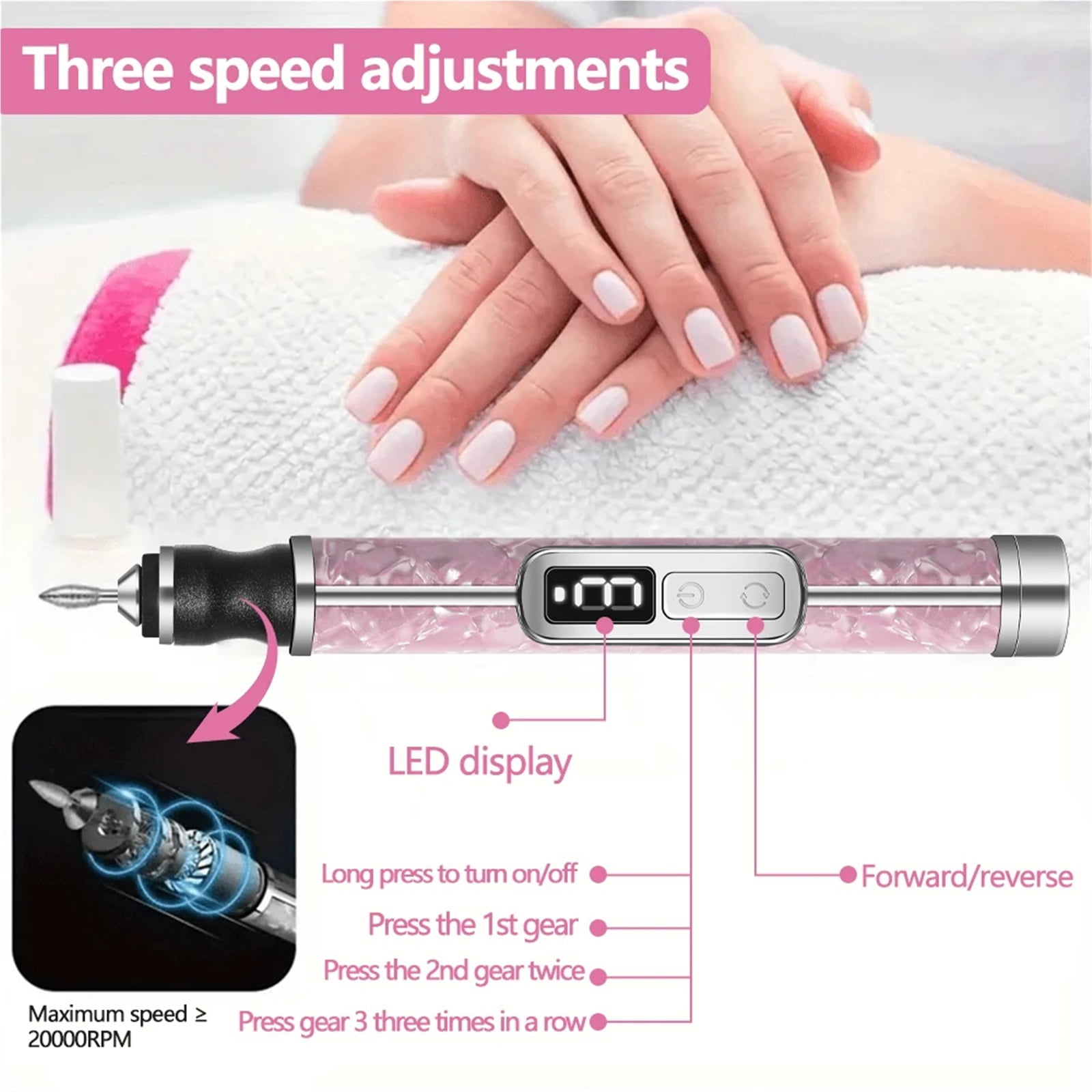 Cordless Electric Nail File Set 4 Adjustable Speeds for Acrylic Nails Nail Edge Shaping Polishing Grinding Dead Skin Removal Too