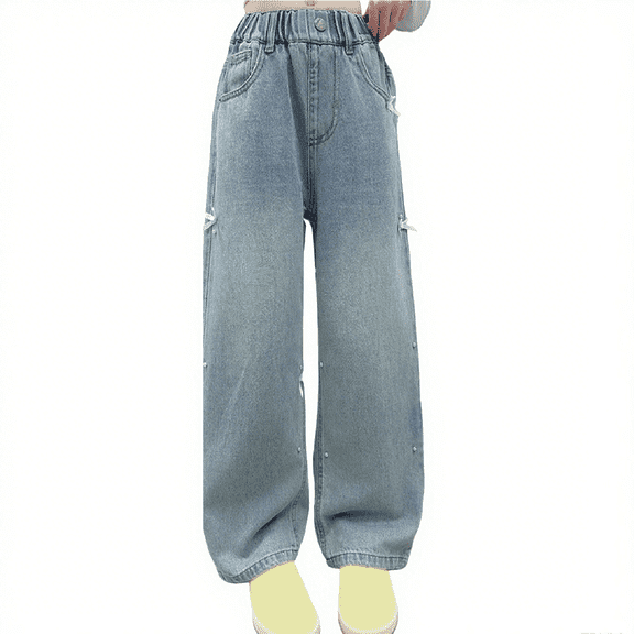 GiLiling Girls Aesthetic Baggy Cargo Jeans High Waist Wide Leg Loose Fit Denim Pants Elastic Waist Y2K Vintage (Blue, ) (Blue, 5-6 Years)