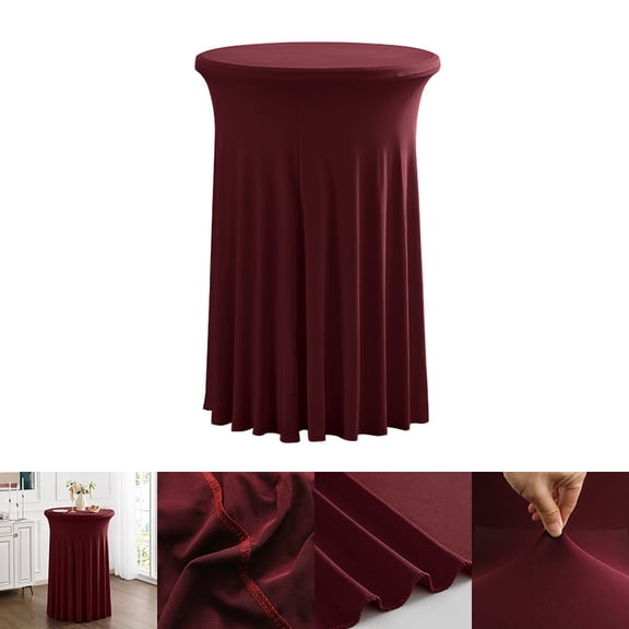 Zhuge 1 Pack 32x43 Inch Round Spandex Stretch Tablecloths, Fitted Wavy Edge High Top Table Covers with Table Skirt for Wedding Banquet & Party Events, Wine Red