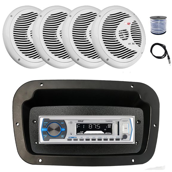 Pyle PLMRB29W Single DIN Bluetooth Marine MP3 Stereo Receiver, Spa bezel, Adapter Plate, 22" Radio Antenna, Wire, 4x 6.5" 150 Watt Max Full Range Dual Cone Waterproof Stereo Speakers (White)