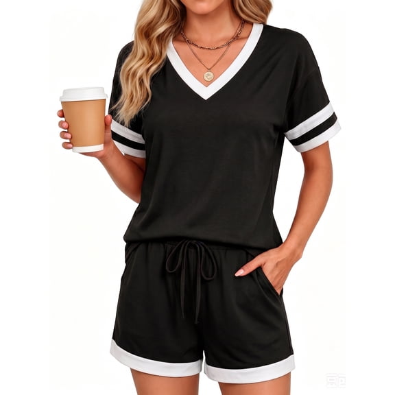 MOYIKO Women 2 Piece Short Sets V Neck Color Block Matching Lounge Sets Casual Summer Sweatsuit with Pocket