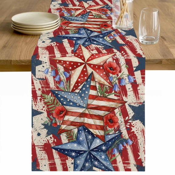 Patriotic USA Flag Table Runner - 70 Inch Long Texas Star Botanical Leaves Red Striped Cotton and Linen Blended Dress Scarves Farmhouse Table Runner for Kitchen Dining, Coffee Table, 13" x 70"