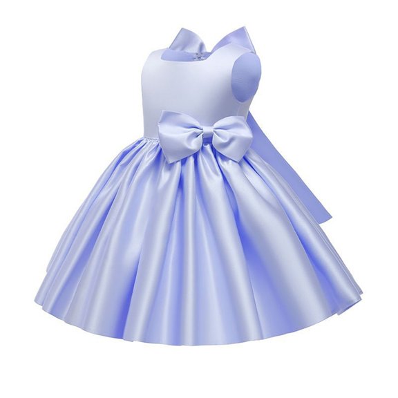 TIREOW Flower Girls Dresses Satin Cloth Solid Color Cute Bow Princess Dress Children's Evening Dress Birthday Dress