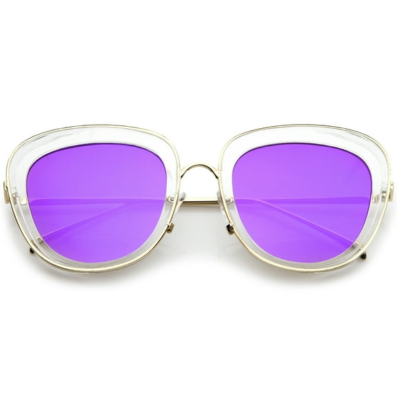 sunglassLA Female Women's Transparent Frame Square Colored Mirror Lens Oversize Sunglasses 53mm (Clear-Gold / Purple Mirror) - 53mm