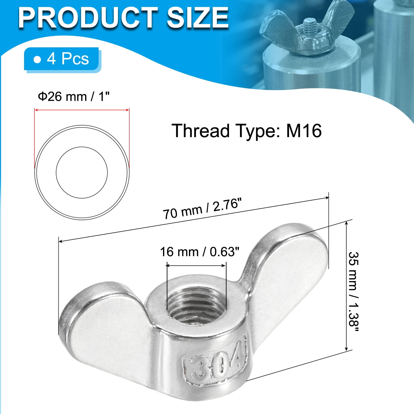 Uxcell Wing Nuts, 304 Stainless Steel Butterfly Nut Twist Fasteners Parts Smooth Finish Wing Fastener Nuts M16 4