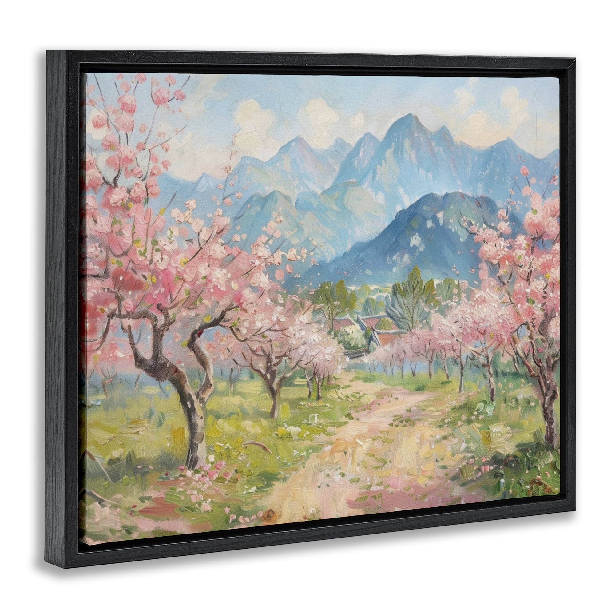 Stupell Industries Cherry Blossom Mountains Landscape & Nature Painting Black Floater Framed Canvas Art Print Wall Art, 31 x 25