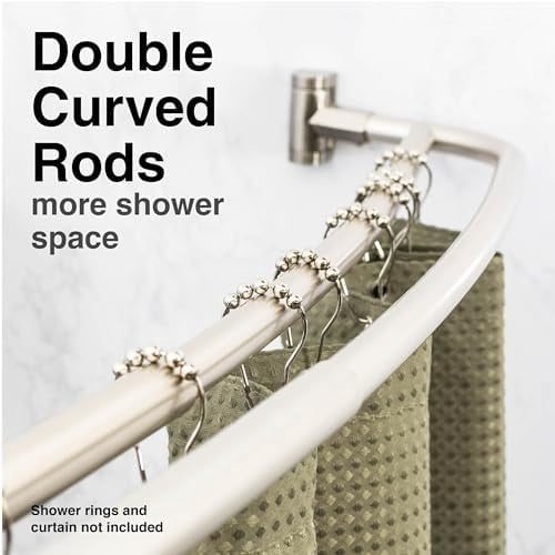 Double Curved Shower Rod, Metal Construction, Adjustable Between 44 to 70 Inches, Aluminum Rods and Zinc Mounting Hardware, Quality Modern Bathware, Brushed Nickel Finish
