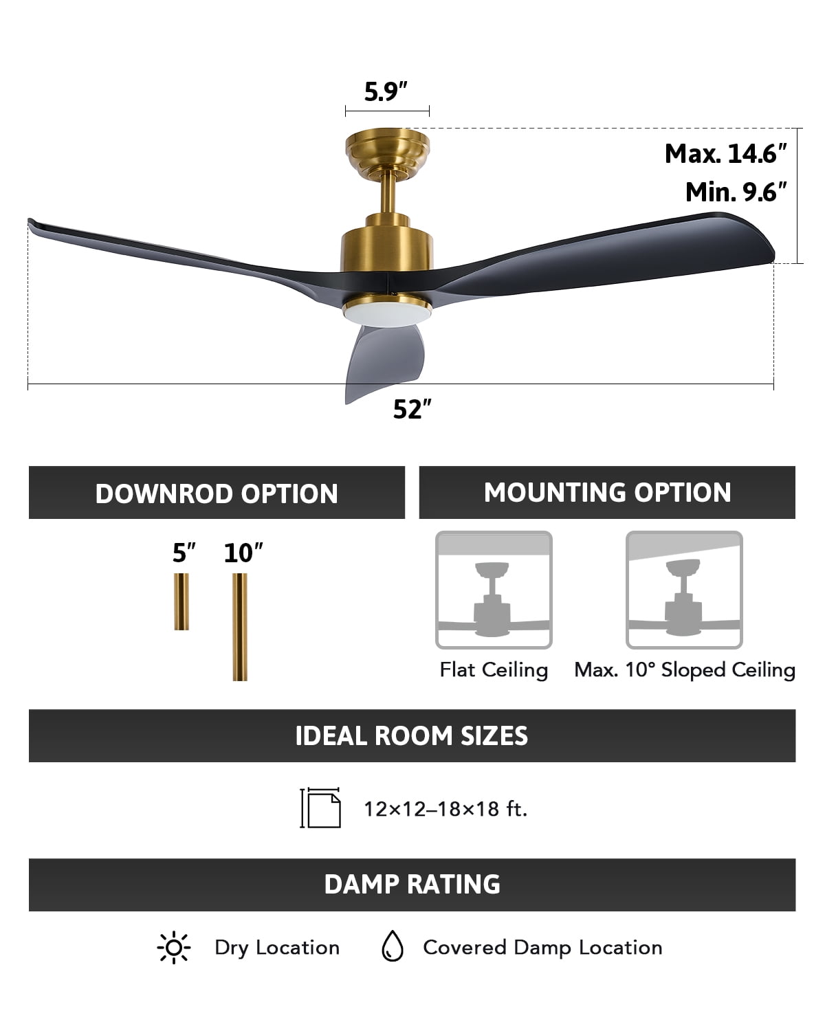 Bestco 52" 6-Speed Modern Ceiling Fan with 1/4/8 hr. Timer Reversible Motor Black