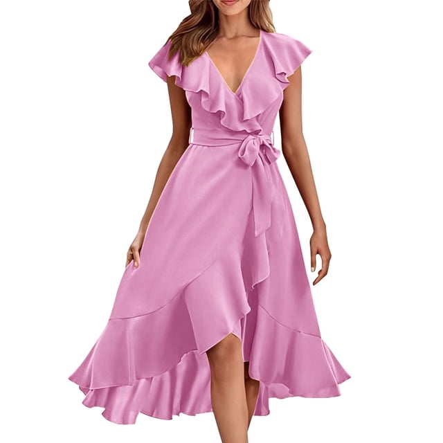 Liquidation! Hontri Robes de Travail pour Femmes Col en V Manches Courtes Robe Longue à Volants Rose,P