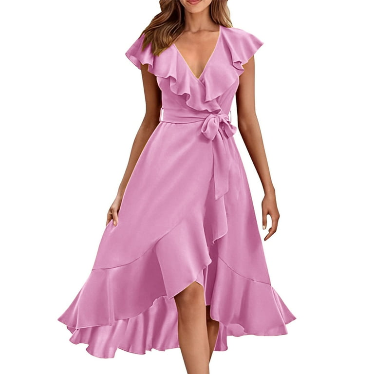strapless open back dress Silky Satin Ruffles Hot Pink Prom Dresses,V Neck Formal Dresses Hot Pink / US10