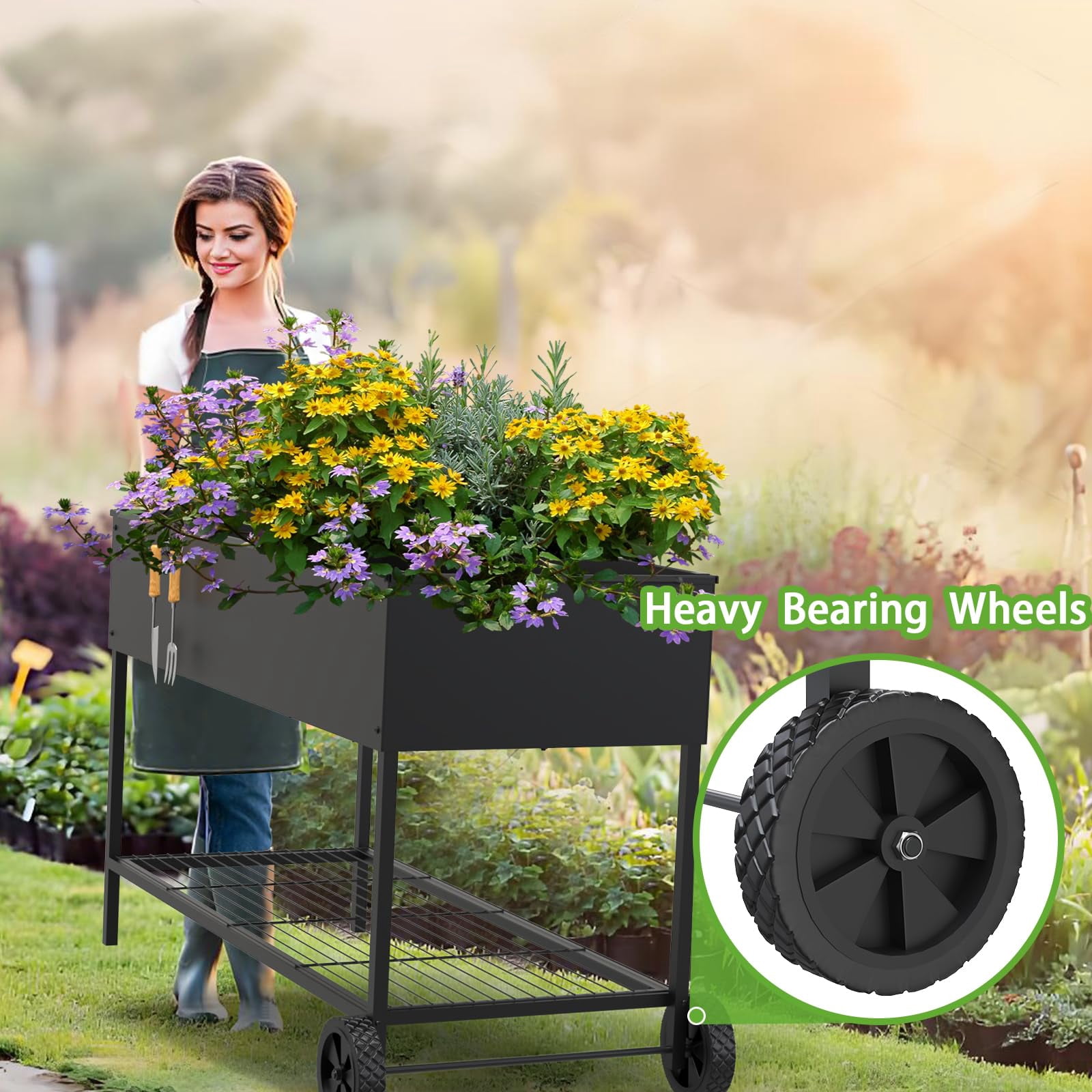 Yacona Metal Raised Garden Bed with Wheels, Outdoor Planter Boxes for Vegetables and Flowers, 51×26×32in, Black