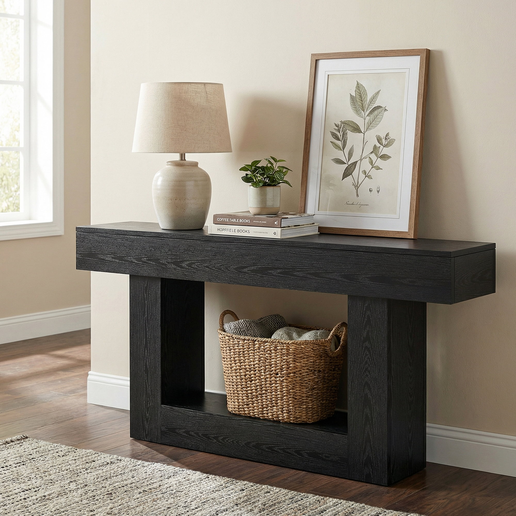 Demi Bonn 63" Wood Console Table, Farmhouse 2-Tier Sofa Table Entryway Table, Foyer Display Table, Black