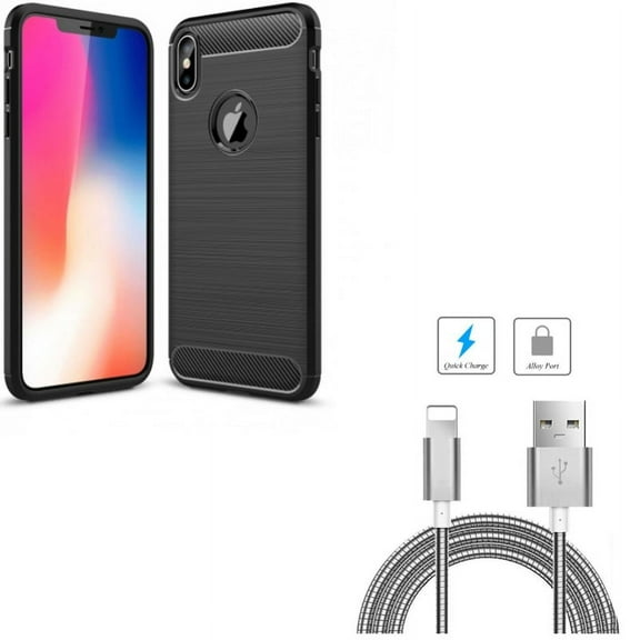 3ft Metal USB Cable w Carbon Fiber Case for iPhone XS Max - Charger Cord Power Wire Sync Fast Charge and Slim Fit Cover Reinforced Bumper Shock Absorbent Black