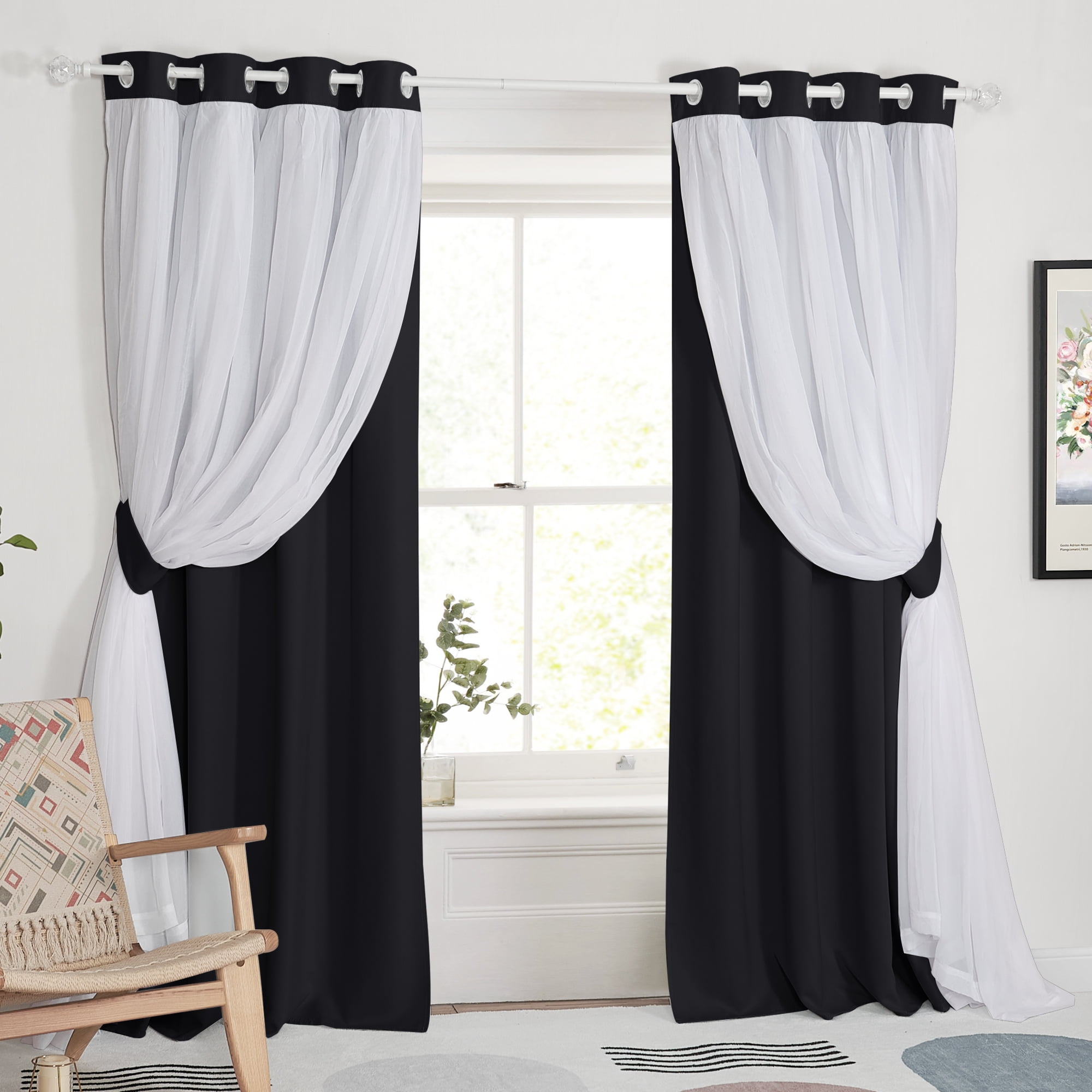 NICETOWN Double Layer Sheer Blackout Curtains Solid Grommet Room Darkening Thermal Drapes, W52 x L84, Set of 2, Black
