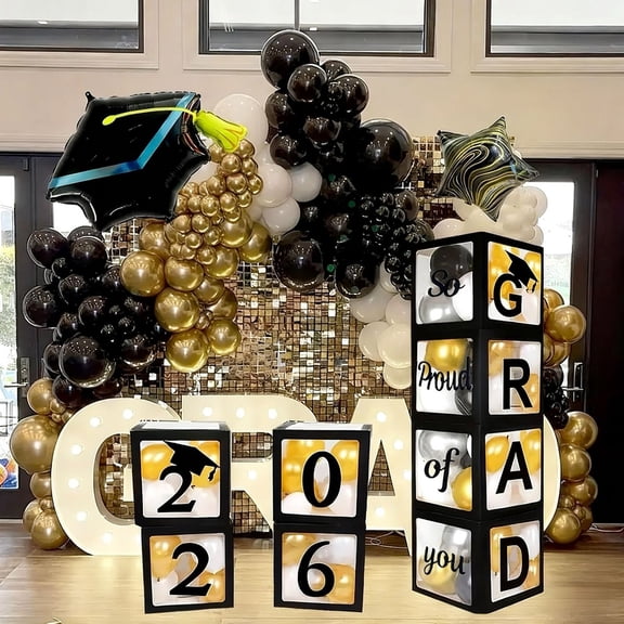 2026 Graduation Decorations - Black Balloon Boxes with Letters 2026 Grad & So Proud of You and Black White Gold Print Balloons, Graduation Party Decor Class of 2026 for Any Grades (4Pcs_9.8x9.8in)