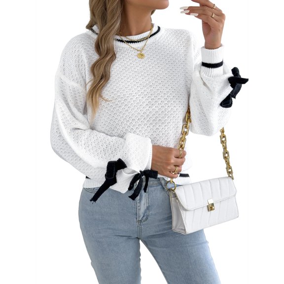 Women Knit Crew Neck Contrast Lantern Long Sleeve Pullover Sweater with Decorative Cuff Straps White S