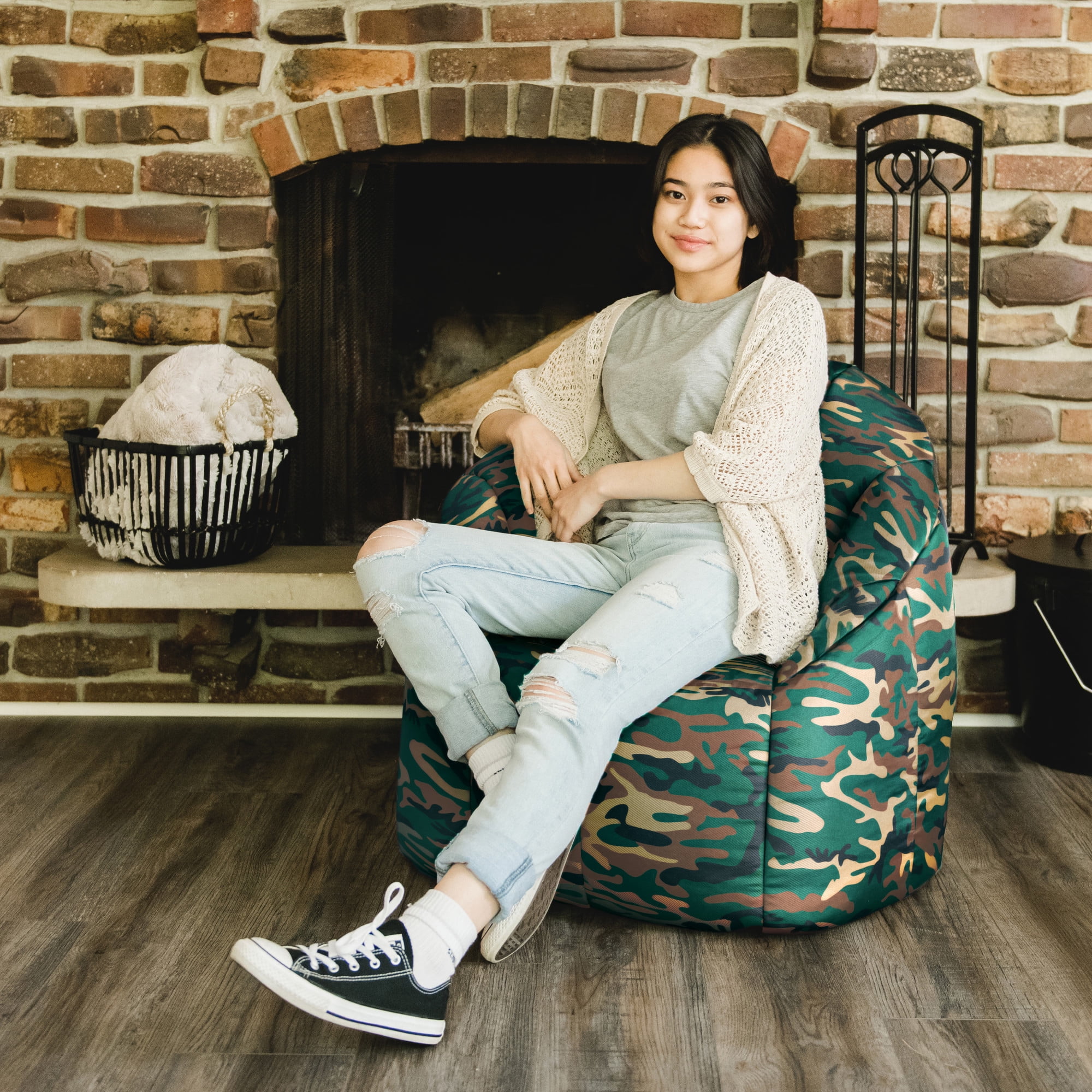 (2 pack) Big Joe Joey Bean Bag Chair for Kids/Teens, 2.5 ft Smartmax Lounge Chair, Easy-Clean & Lightwright, Green Woodland Camo