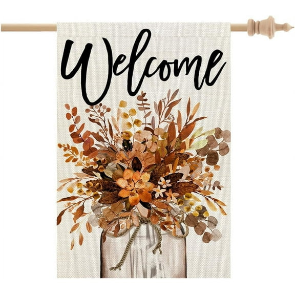 Fall House Flag 28x40 Inch Double Sided for Outside Welcome Burlap Floral Mason Jar Large Autumn Yard Flag CF1151-40