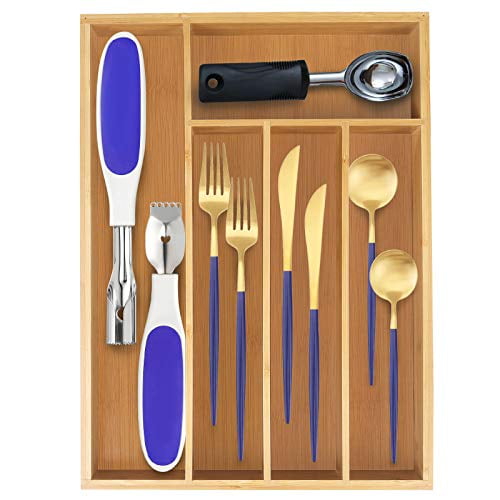 Utensils — Convenient Drawer Separator — Light Brown Silverware mDesign Set of 4 Functional Drawer Organiser — Bamboo Kitchen Drawer Divider for Cutlery 