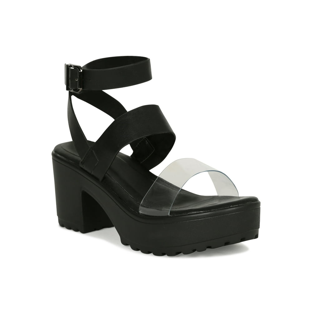 Qupid Women's Triple Band Open Toe Chunky Lug Platform Heel Sandal