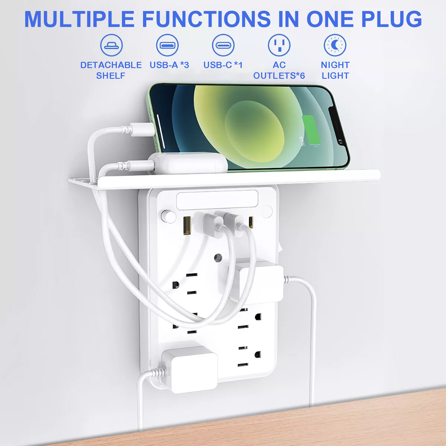OGEDNAC 6-Outlet Surge Protector with 4 USB Ports and Night Light photo 4