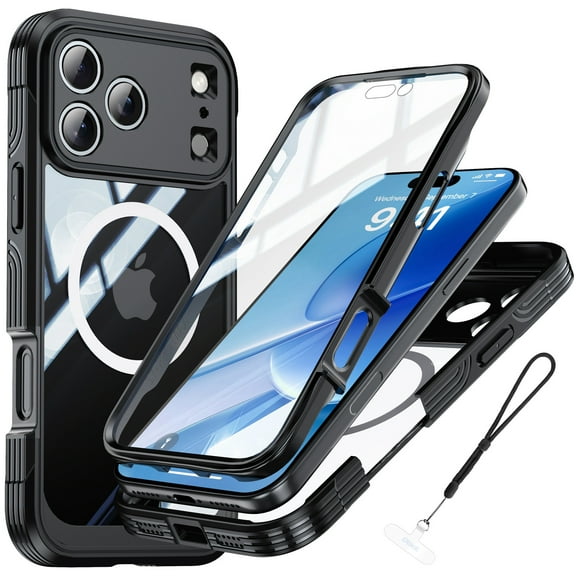 Dteck Case with Wrist Strap for iPhone 17 Pro Max,360° Full Body Case Built-in HD Touch Sensitive Screen Protector Compatible with MagSafe Shockproof Clear Back Cover,Black