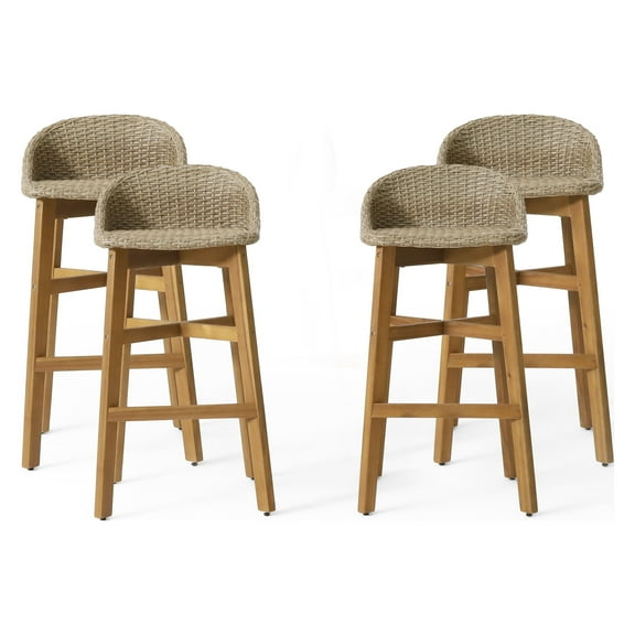 GDF Studio Beeson Outdoor Wicker and Acacia Wood 30 Inch Barstools, Set of 4, Light Multibrown and Teak